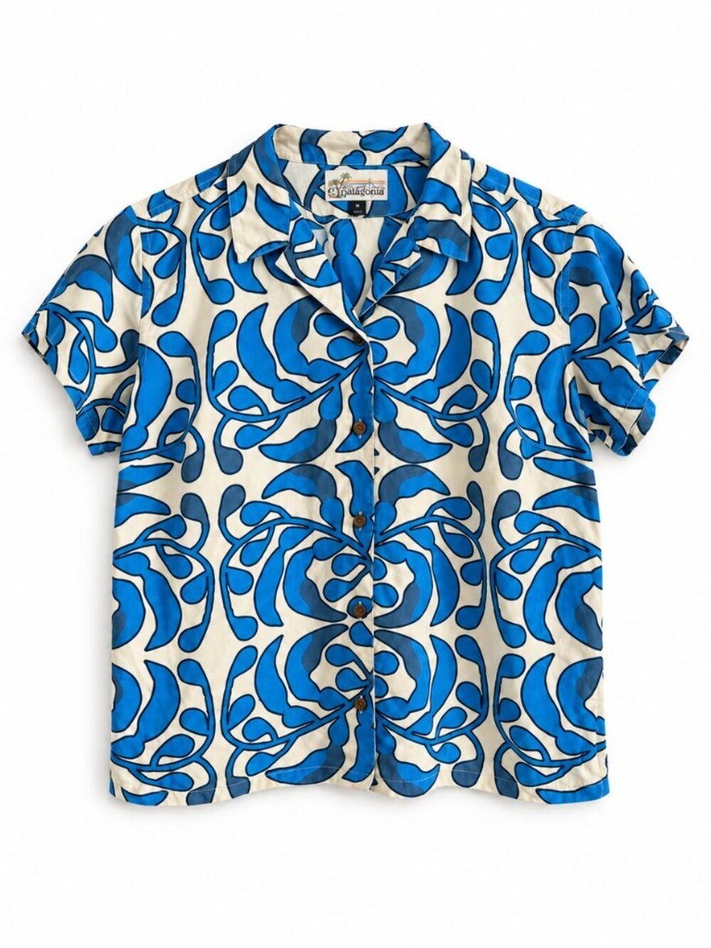 Patagonia Women's Blue Cream Abstract Floral Tencel Short Sleeve Button Up Shirt
